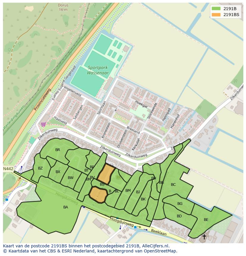 Afbeelding van het postcodegebied 2191 BS op de kaart.