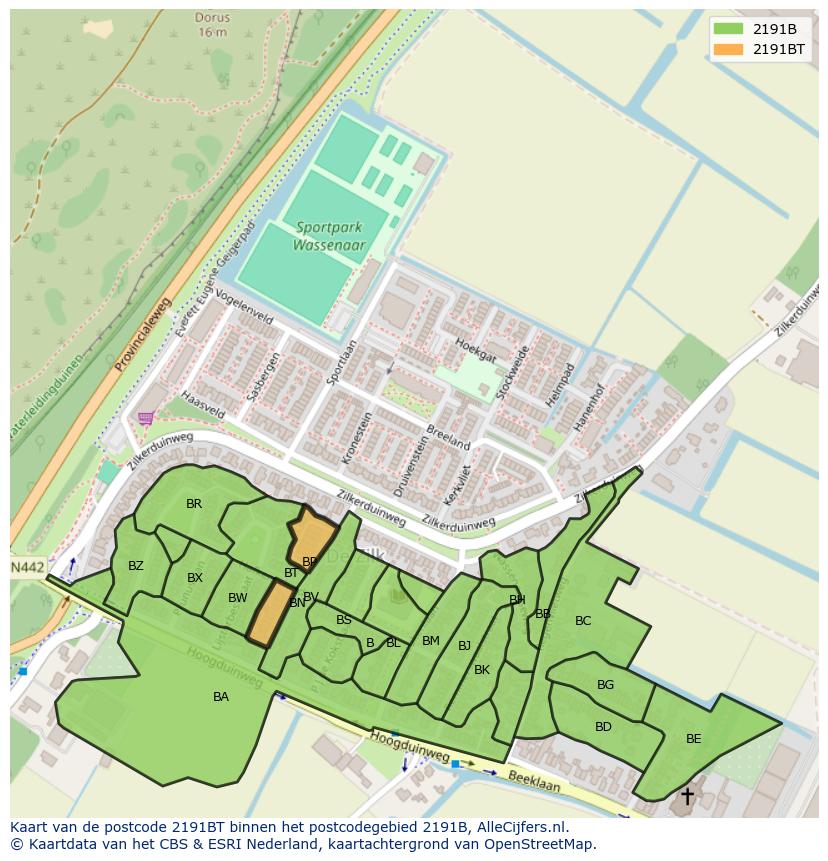 Afbeelding van het postcodegebied 2191 BT op de kaart.