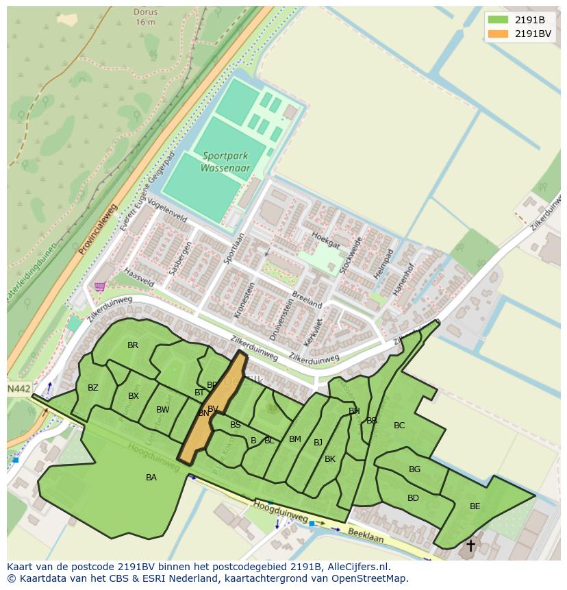 Afbeelding van het postcodegebied 2191 BV op de kaart.