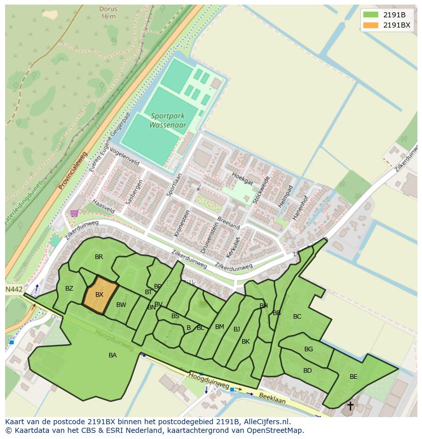 Afbeelding van het postcodegebied 2191 BX op de kaart.