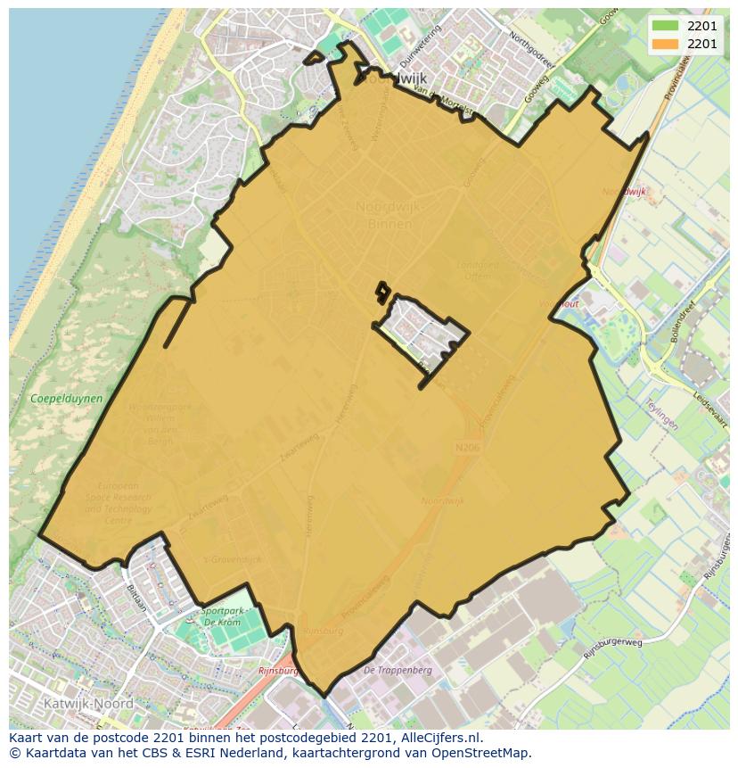 Afbeelding van het postcodegebied 2201 op de kaart.