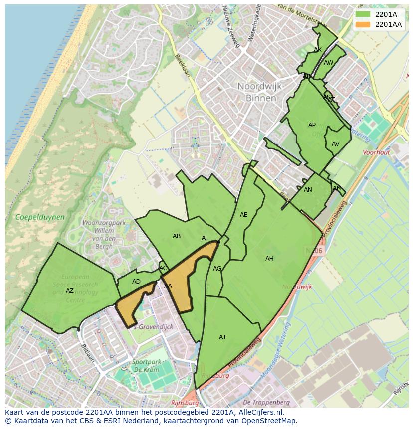 Afbeelding van het postcodegebied 2201 AA op de kaart.