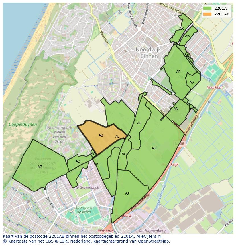 Afbeelding van het postcodegebied 2201 AB op de kaart.