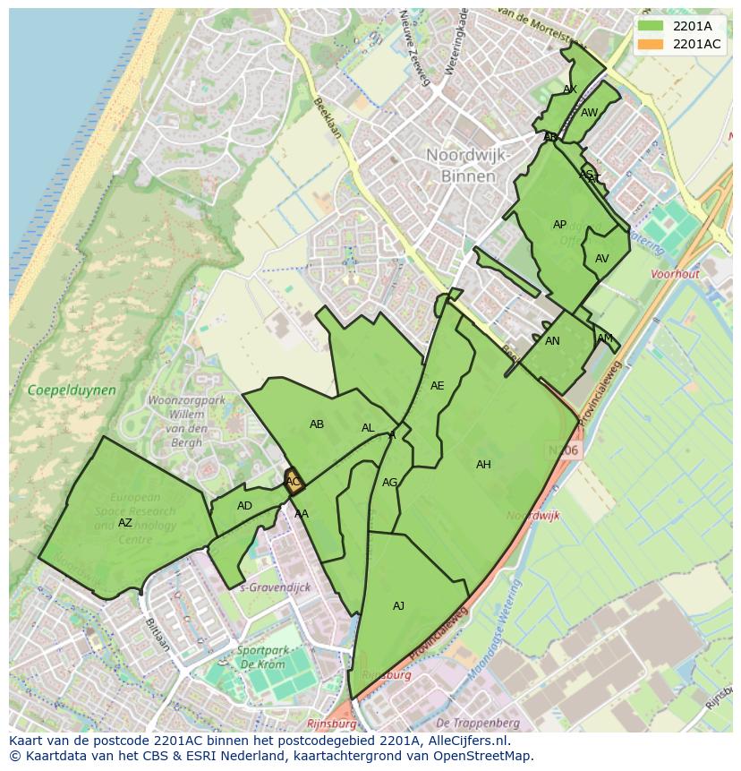 Afbeelding van het postcodegebied 2201 AC op de kaart.