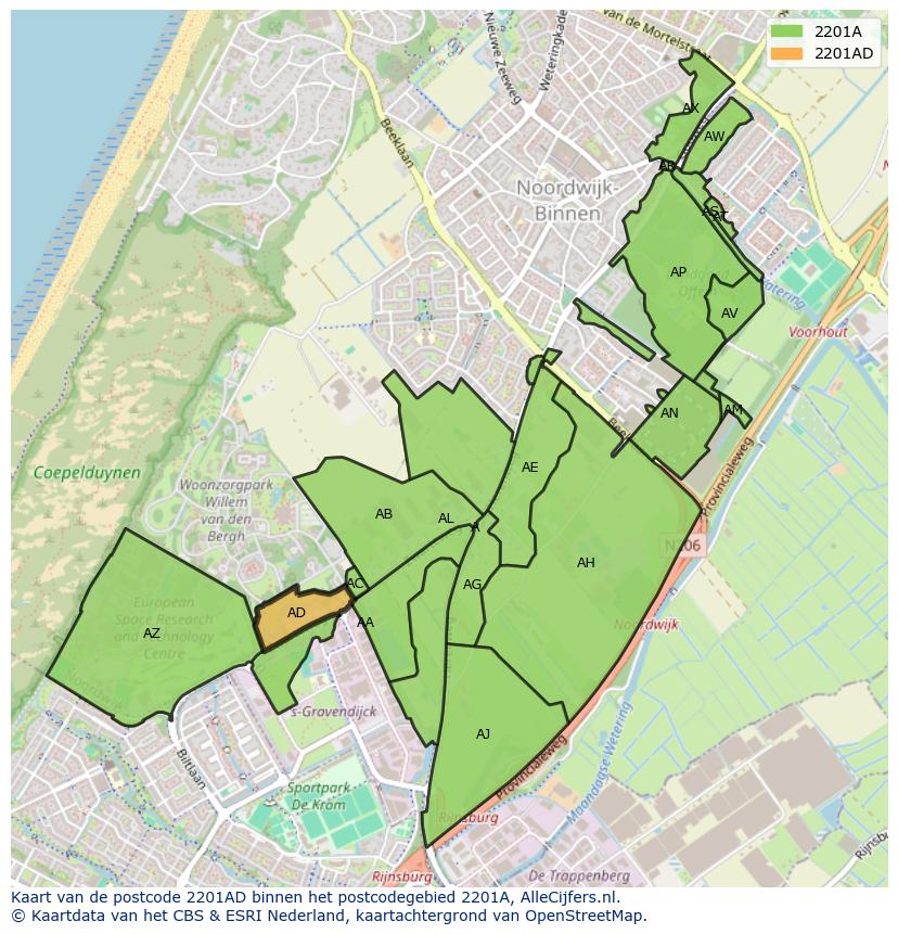 Afbeelding van het postcodegebied 2201 AD op de kaart.