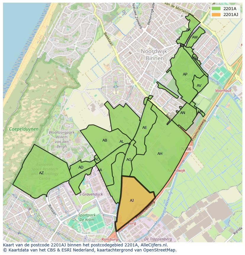 Afbeelding van het postcodegebied 2201 AJ op de kaart.