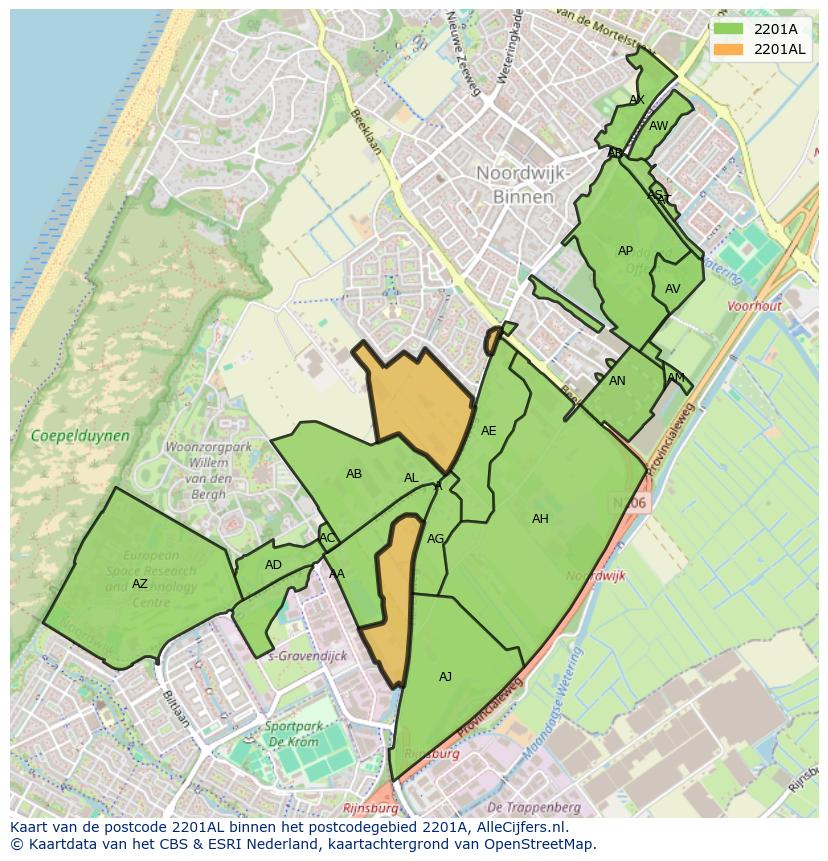 Afbeelding van het postcodegebied 2201 AL op de kaart.