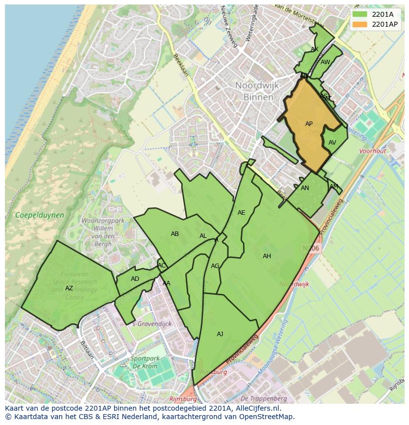 Afbeelding van het postcodegebied 2201 AP op de kaart.