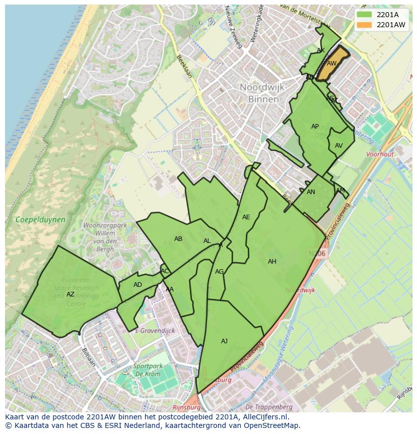 Afbeelding van het postcodegebied 2201 AW op de kaart.