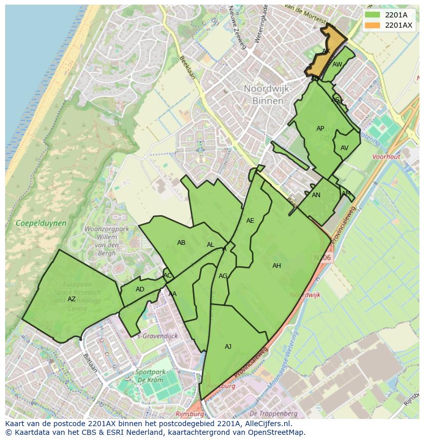 Afbeelding van het postcodegebied 2201 AX op de kaart.