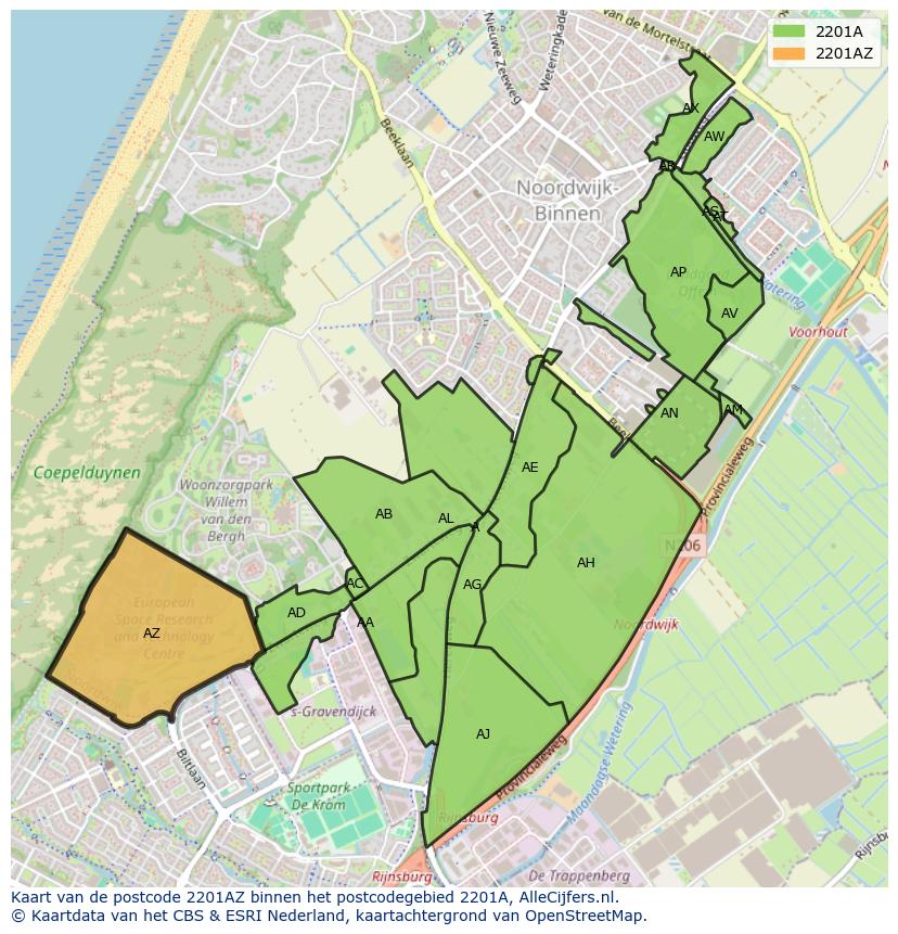 Afbeelding van het postcodegebied 2201 AZ op de kaart.