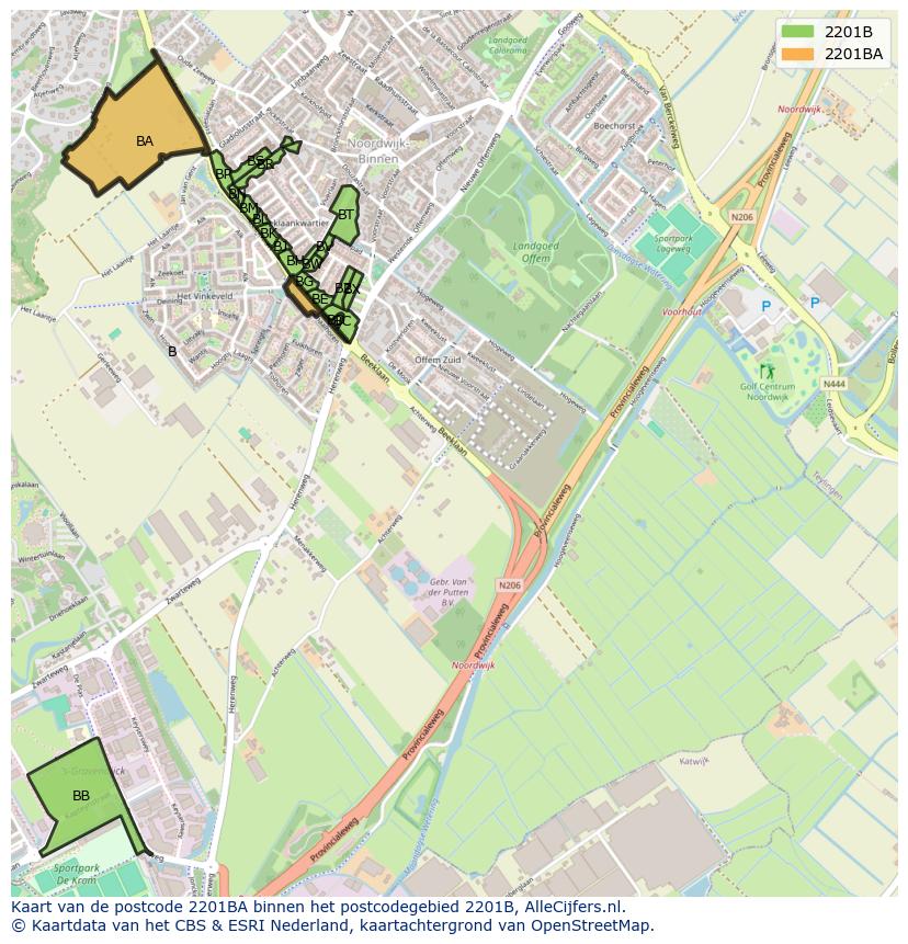 Afbeelding van het postcodegebied 2201 BA op de kaart.