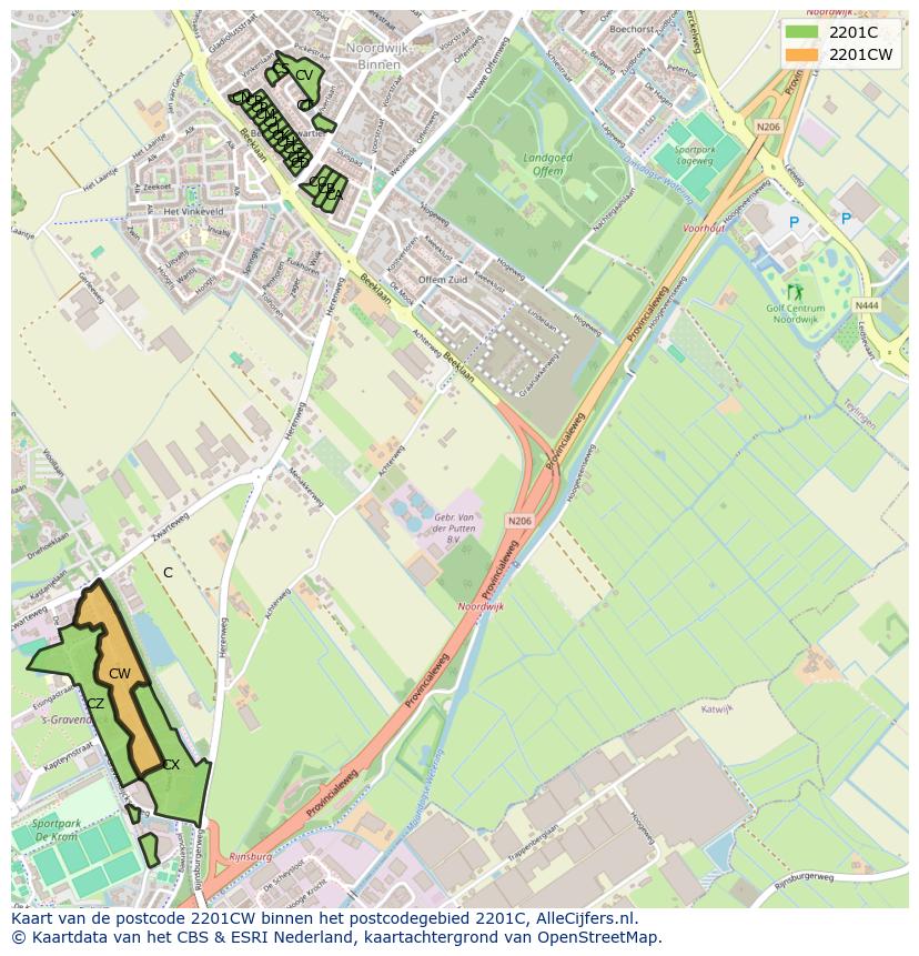 Afbeelding van het postcodegebied 2201 CW op de kaart.