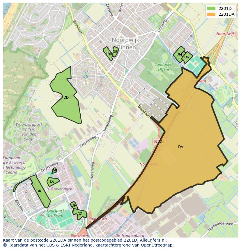 Afbeelding van het postcodegebied 2201 DA op de kaart.