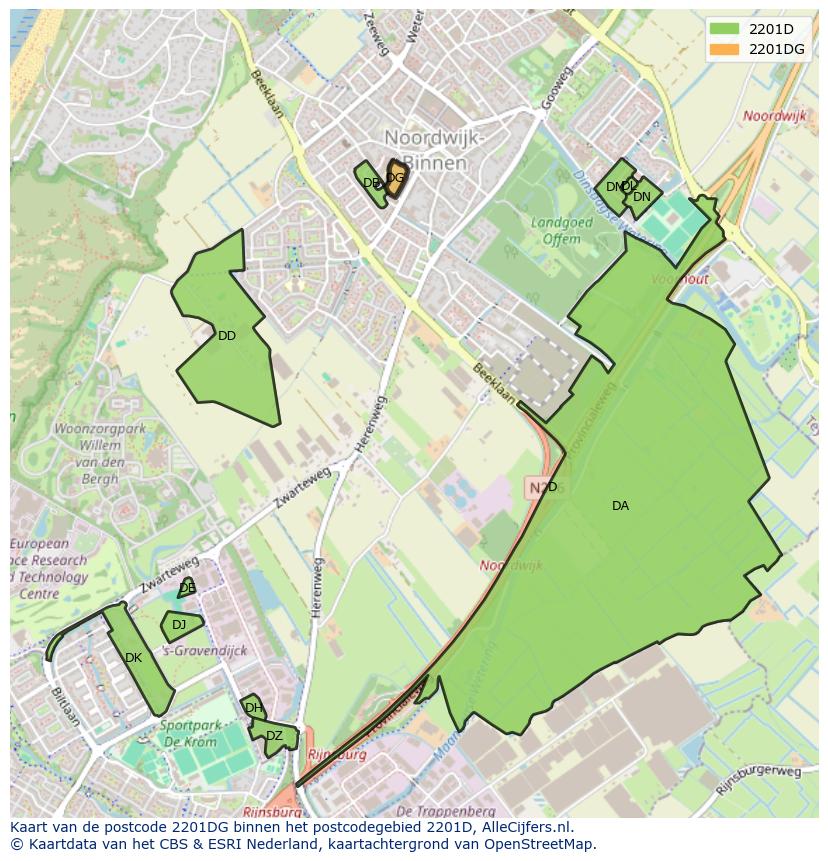 Afbeelding van het postcodegebied 2201 DG op de kaart.