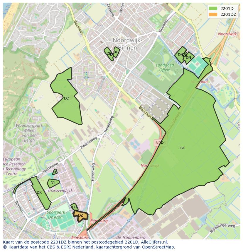 Afbeelding van het postcodegebied 2201 DZ op de kaart.