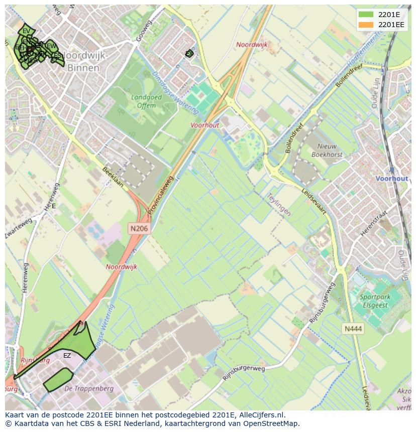 Afbeelding van het postcodegebied 2201 EE op de kaart.