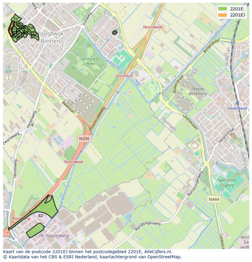 Afbeelding van het postcodegebied 2201 EJ op de kaart.