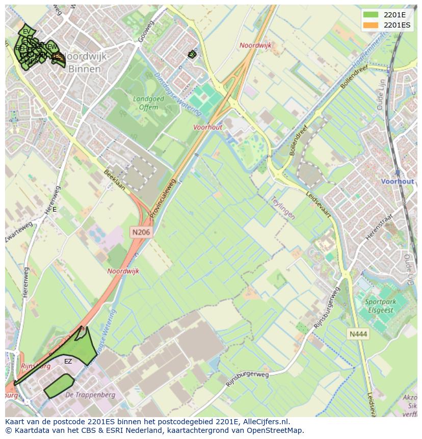 Afbeelding van het postcodegebied 2201 ES op de kaart.