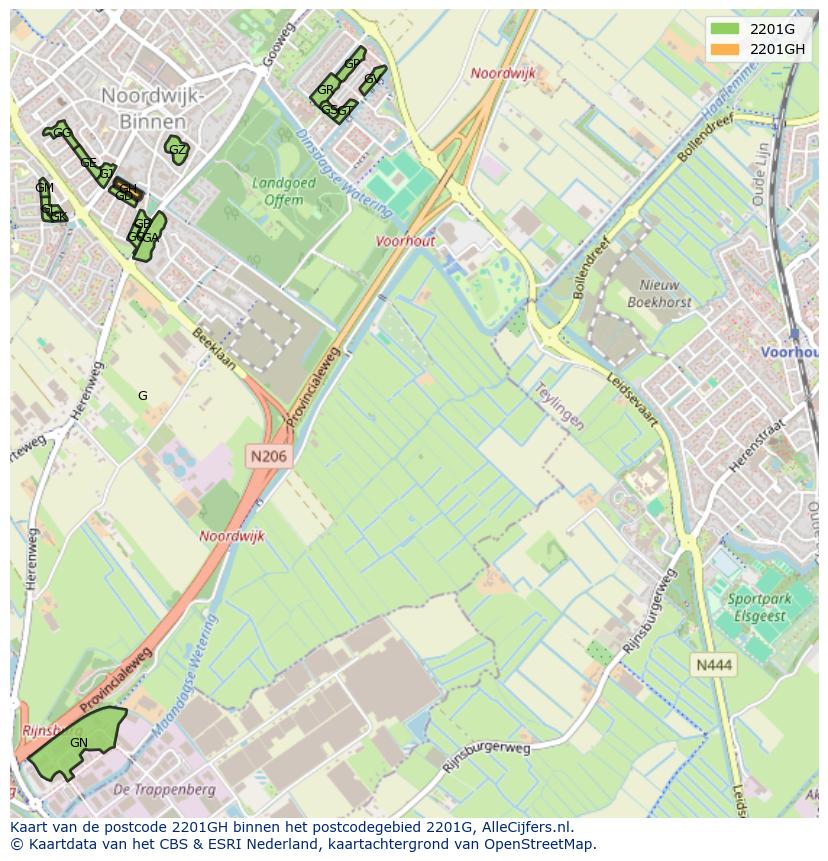 Afbeelding van het postcodegebied 2201 GH op de kaart.