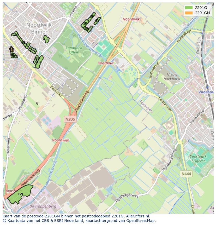 Afbeelding van het postcodegebied 2201 GM op de kaart.