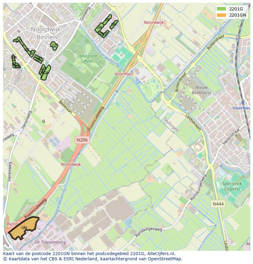 Afbeelding van het postcodegebied 2201 GN op de kaart.