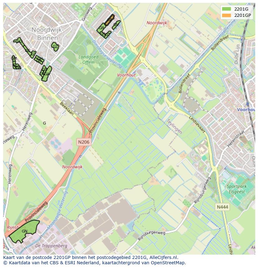 Afbeelding van het postcodegebied 2201 GP op de kaart.