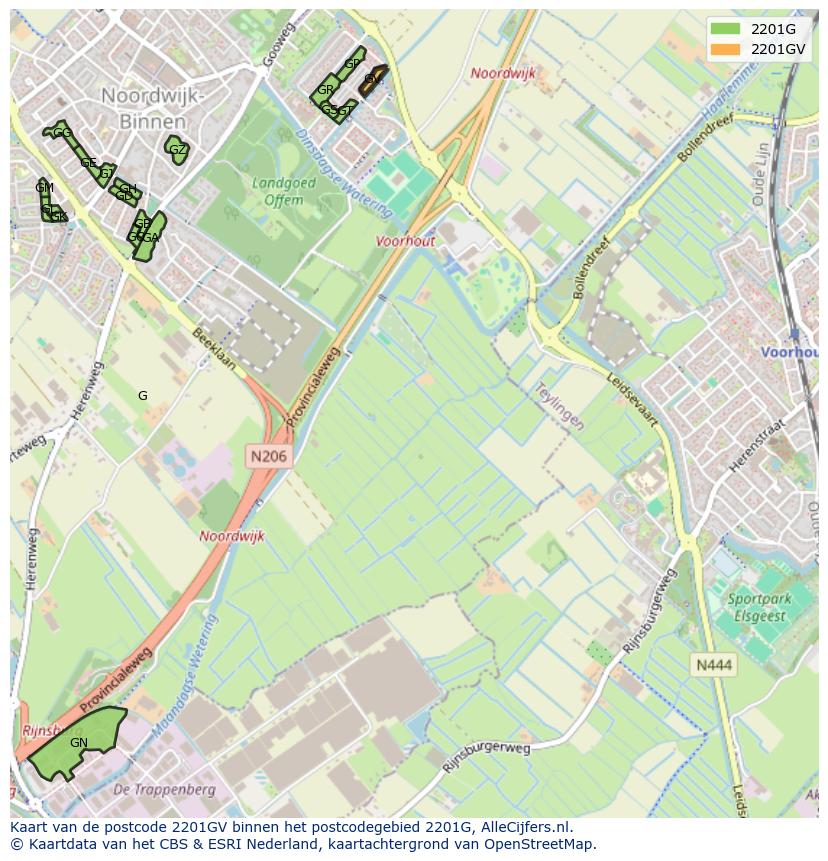 Afbeelding van het postcodegebied 2201 GV op de kaart.