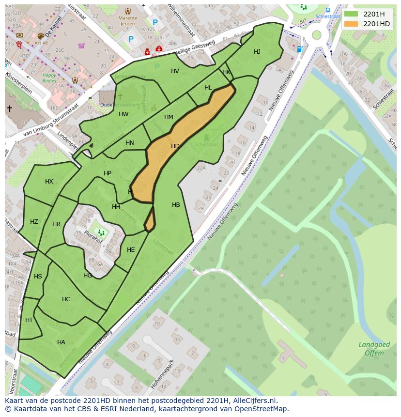 Afbeelding van het postcodegebied 2201 HD op de kaart.