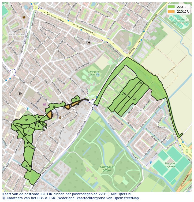 Afbeelding van het postcodegebied 2201 JR op de kaart.
