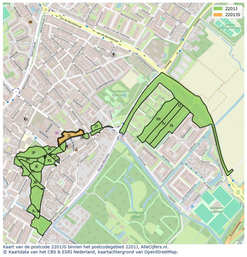 Afbeelding van het postcodegebied 2201 JS op de kaart.