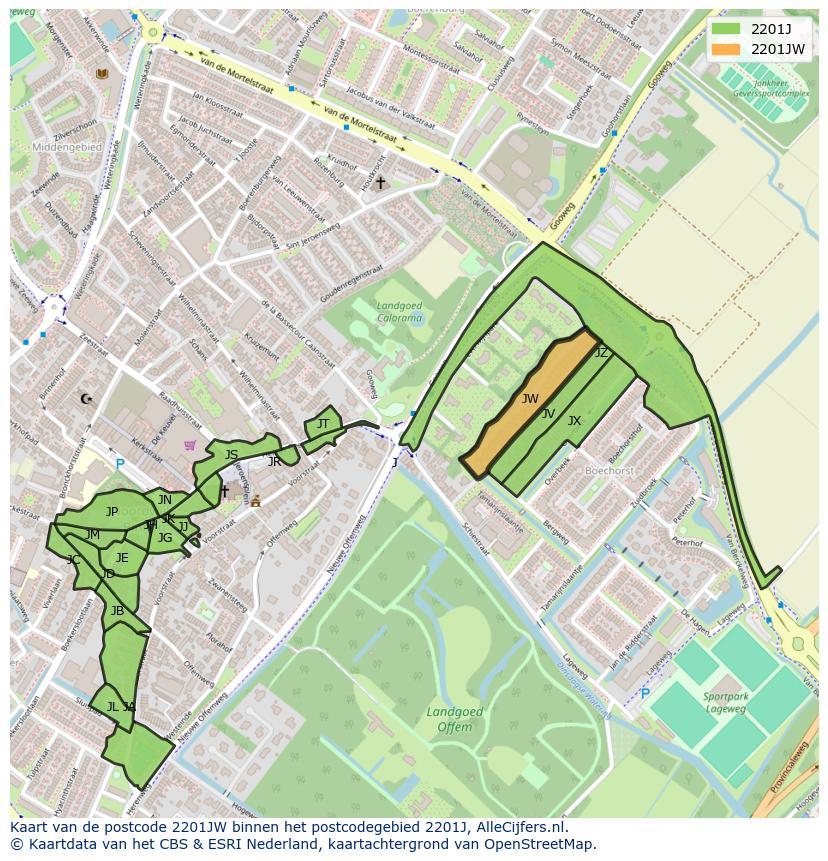 Afbeelding van het postcodegebied 2201 JW op de kaart.