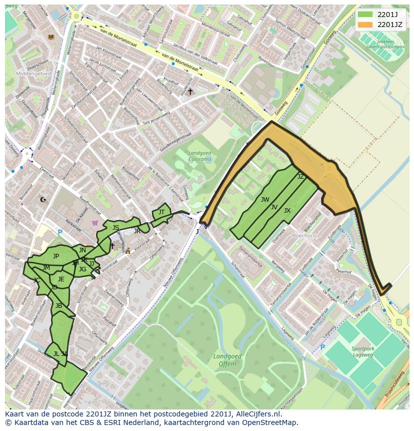 Afbeelding van het postcodegebied 2201 JZ op de kaart.