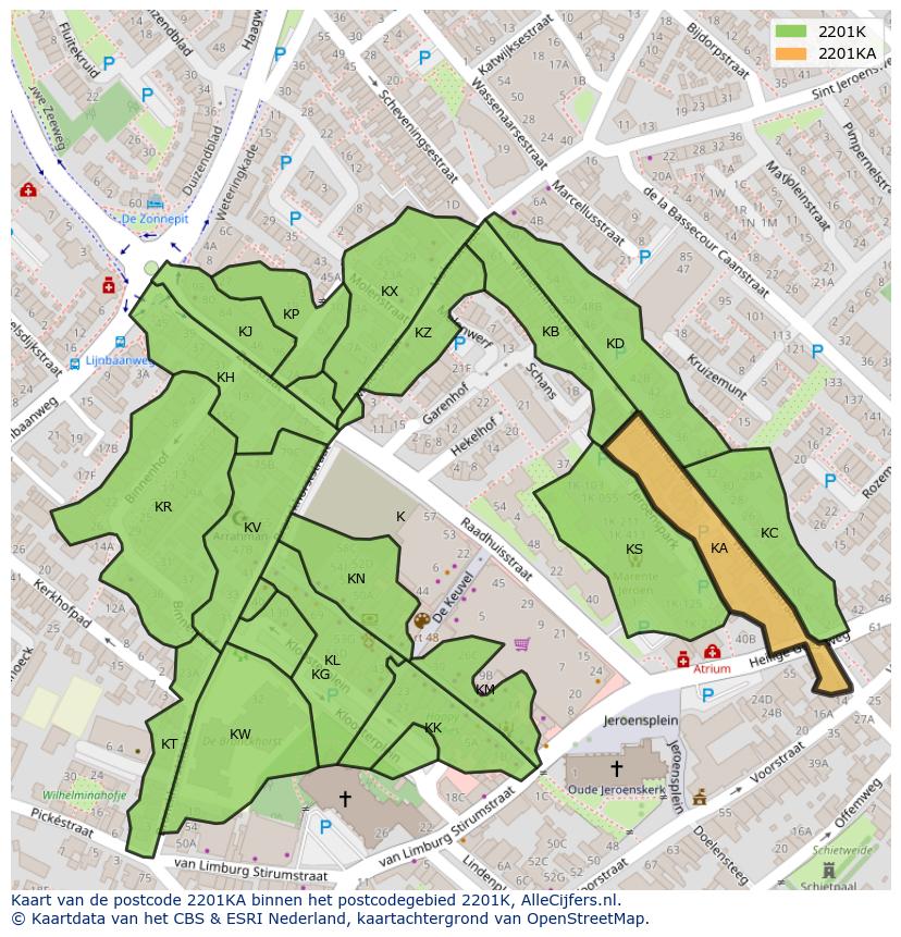 Afbeelding van het postcodegebied 2201 KA op de kaart.