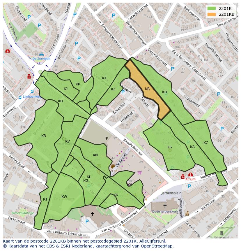 Afbeelding van het postcodegebied 2201 KB op de kaart.