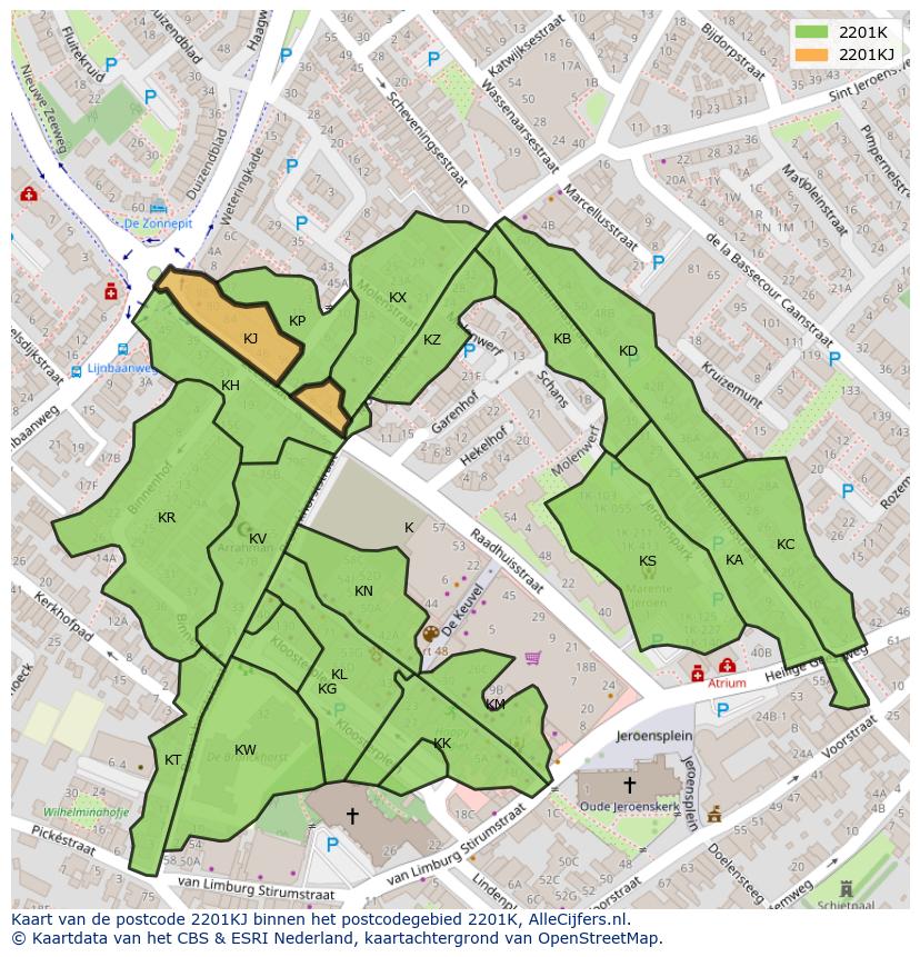 Afbeelding van het postcodegebied 2201 KJ op de kaart.