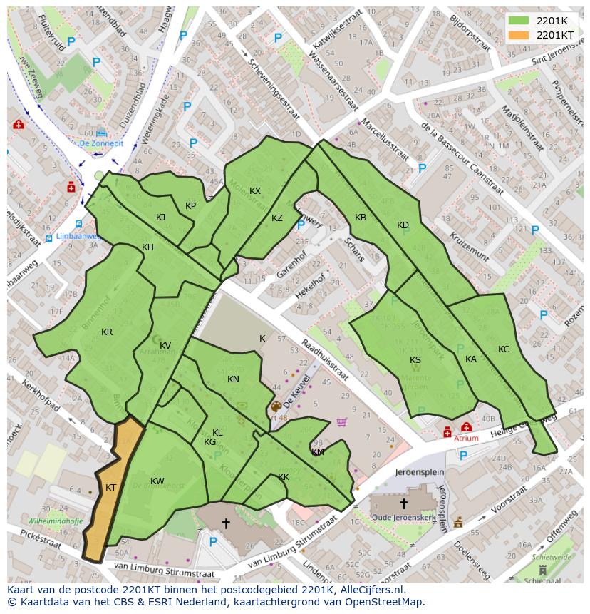 Afbeelding van het postcodegebied 2201 KT op de kaart.