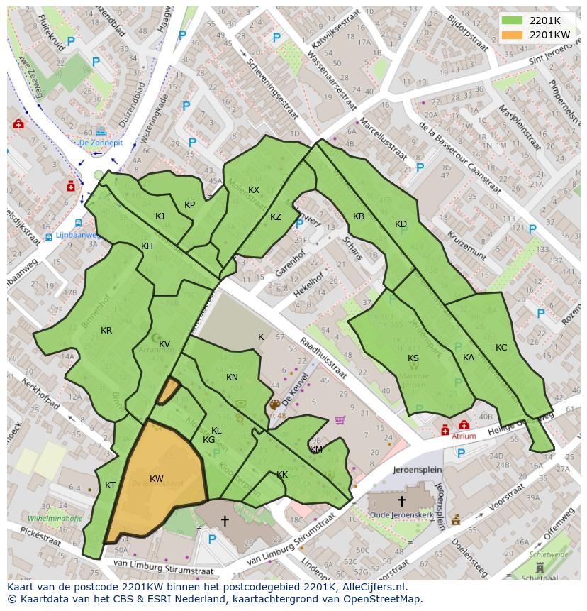 Afbeelding van het postcodegebied 2201 KW op de kaart.