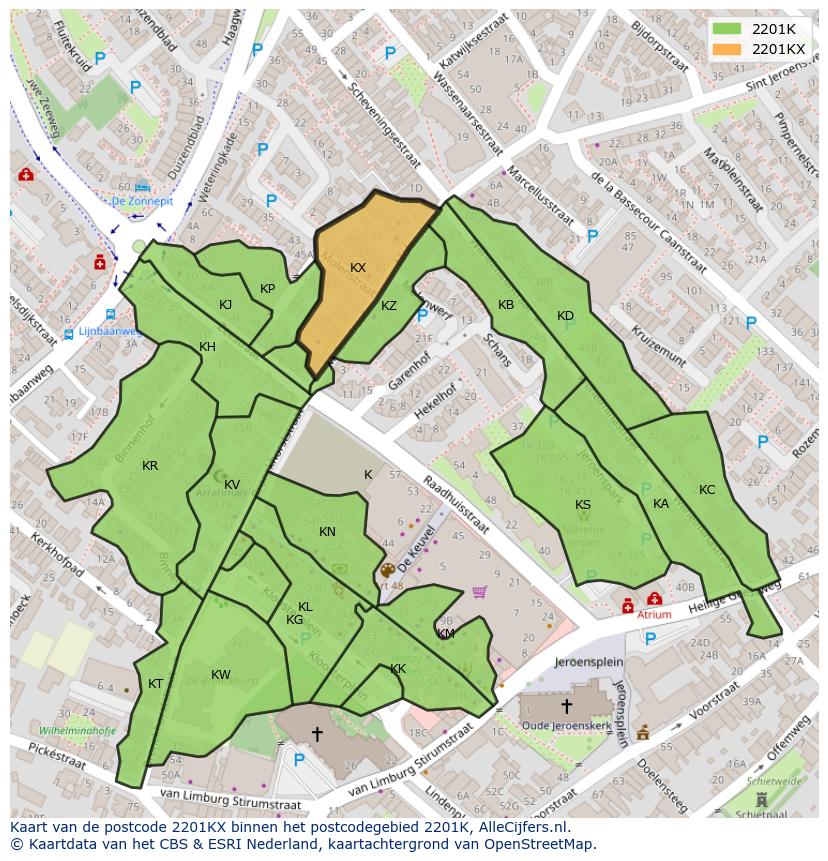 Afbeelding van het postcodegebied 2201 KX op de kaart.