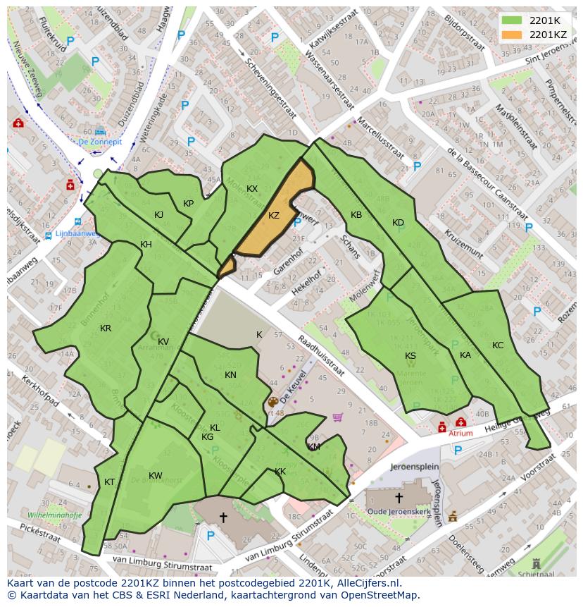 Afbeelding van het postcodegebied 2201 KZ op de kaart.
