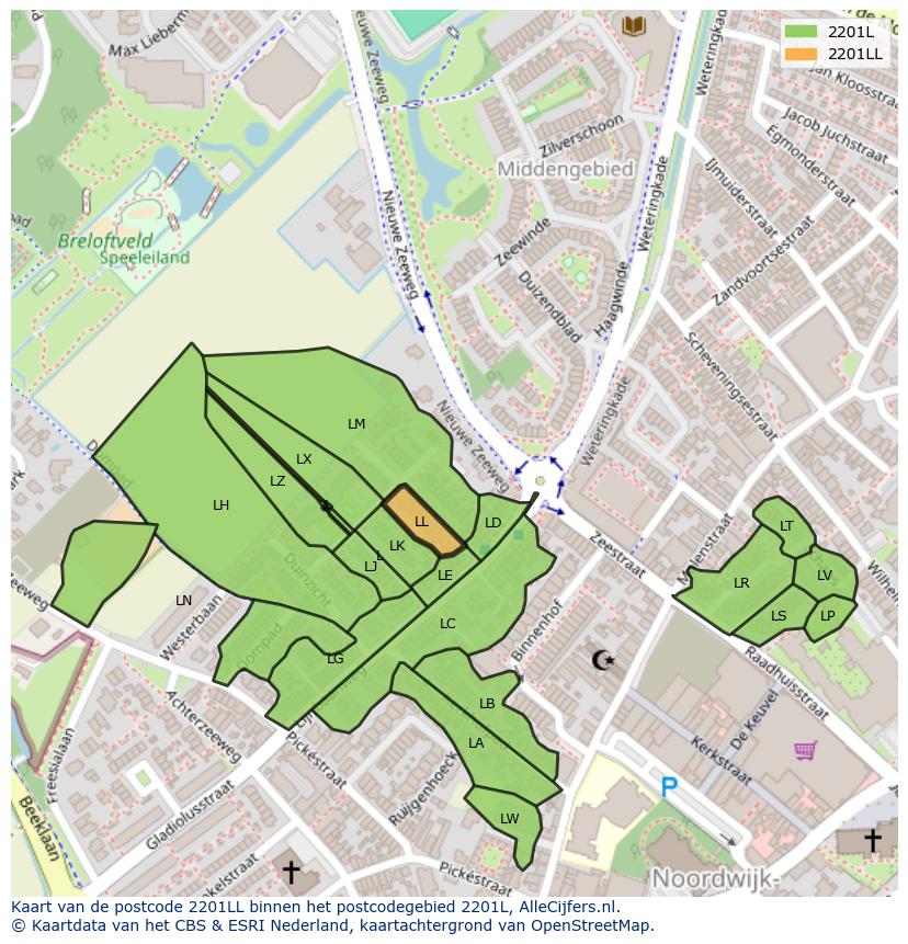 Afbeelding van het postcodegebied 2201 LL op de kaart.
