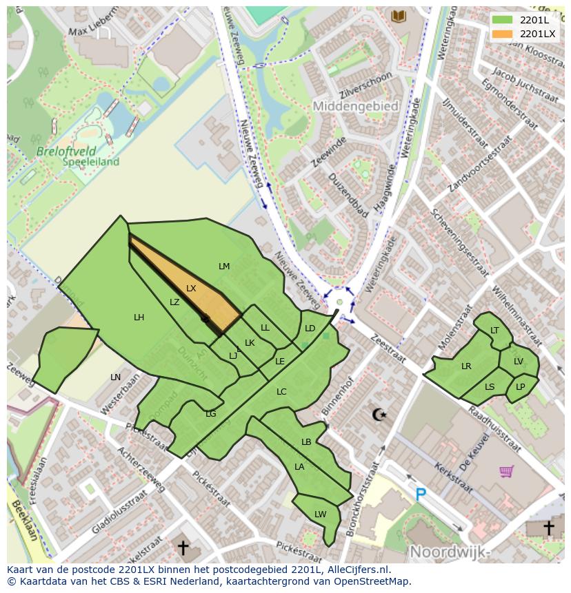 Afbeelding van het postcodegebied 2201 LX op de kaart.