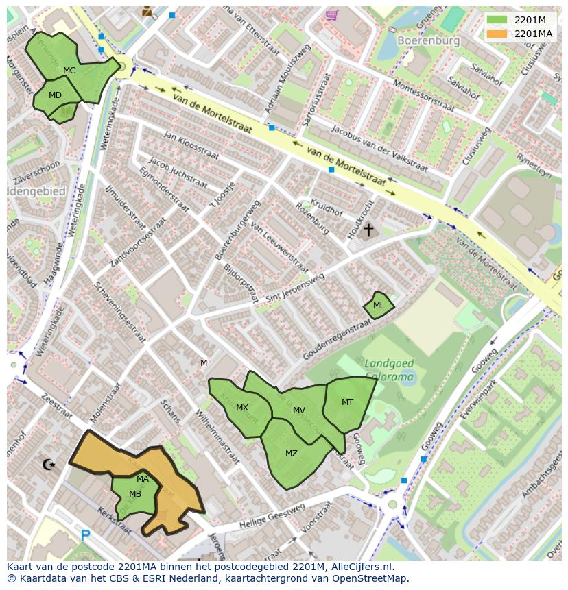 Afbeelding van het postcodegebied 2201 MA op de kaart.