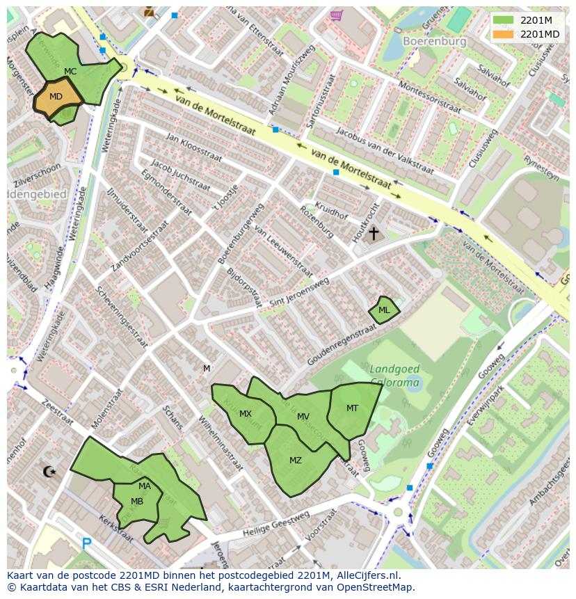 Afbeelding van het postcodegebied 2201 MD op de kaart.