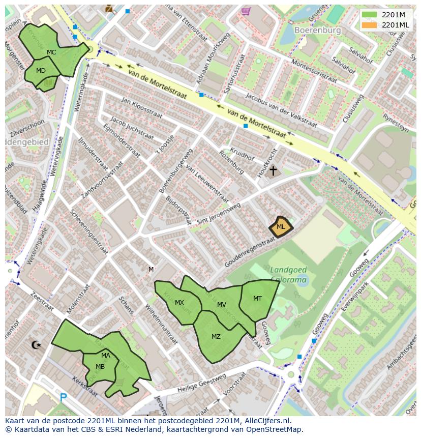 Afbeelding van het postcodegebied 2201 ML op de kaart.