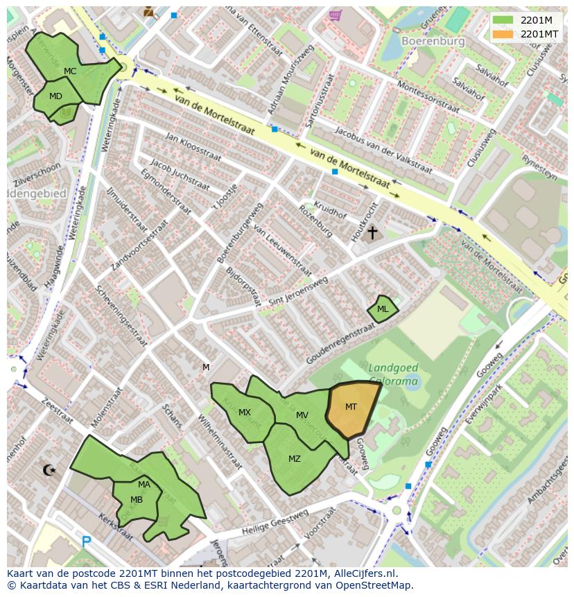 Afbeelding van het postcodegebied 2201 MT op de kaart.