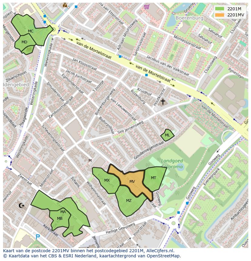 Afbeelding van het postcodegebied 2201 MV op de kaart.