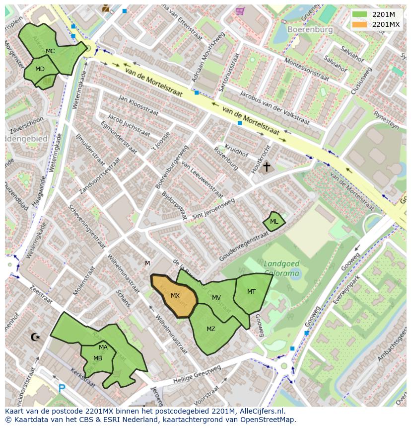 Afbeelding van het postcodegebied 2201 MX op de kaart.