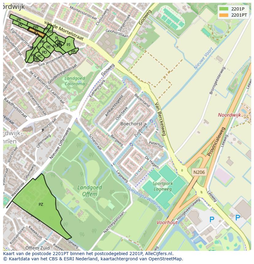 Afbeelding van het postcodegebied 2201 PT op de kaart.