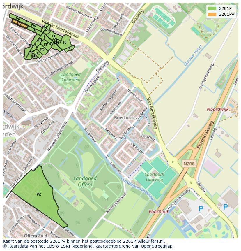 Afbeelding van het postcodegebied 2201 PV op de kaart.